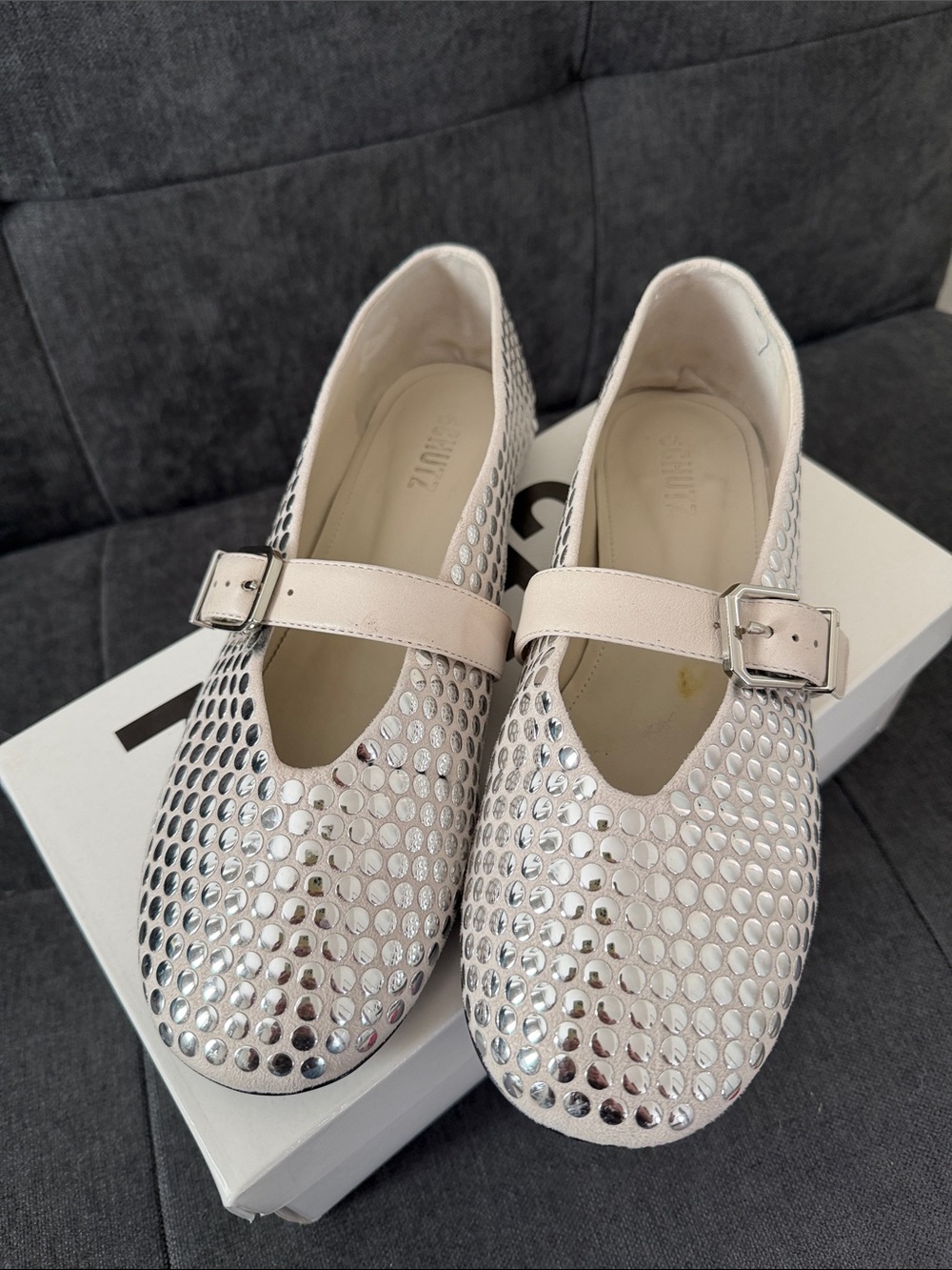 SCHUTZ Silver Metallic Mary Jane Flats with Buckle